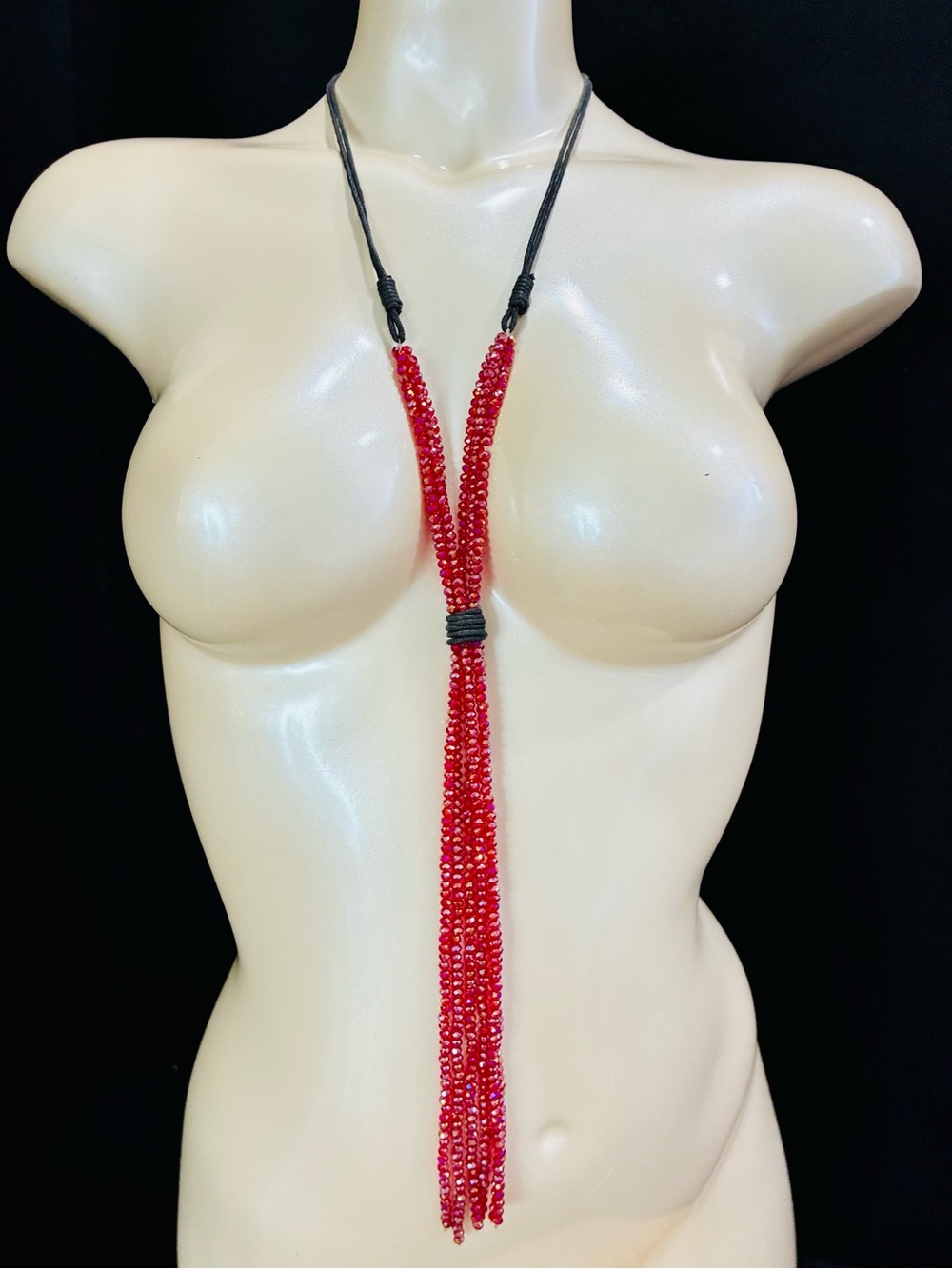 SEXY Red Austrian Crystal AB Beaded Tassel Y Necklace - VTG Women Jewelry EUC